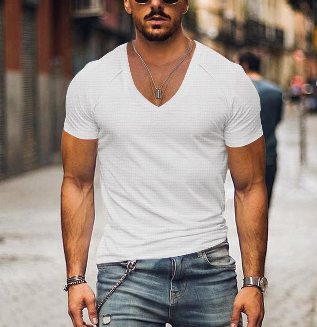 T-shirt Homme - Col V Profond - Coupe Slim - Manches Courtes - Confortable Casual