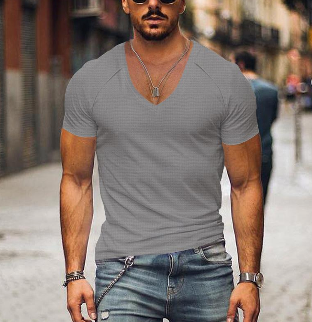 T-shirt Homme - Col V Profond - Coupe Slim - Manches Courtes - Confortable Casual