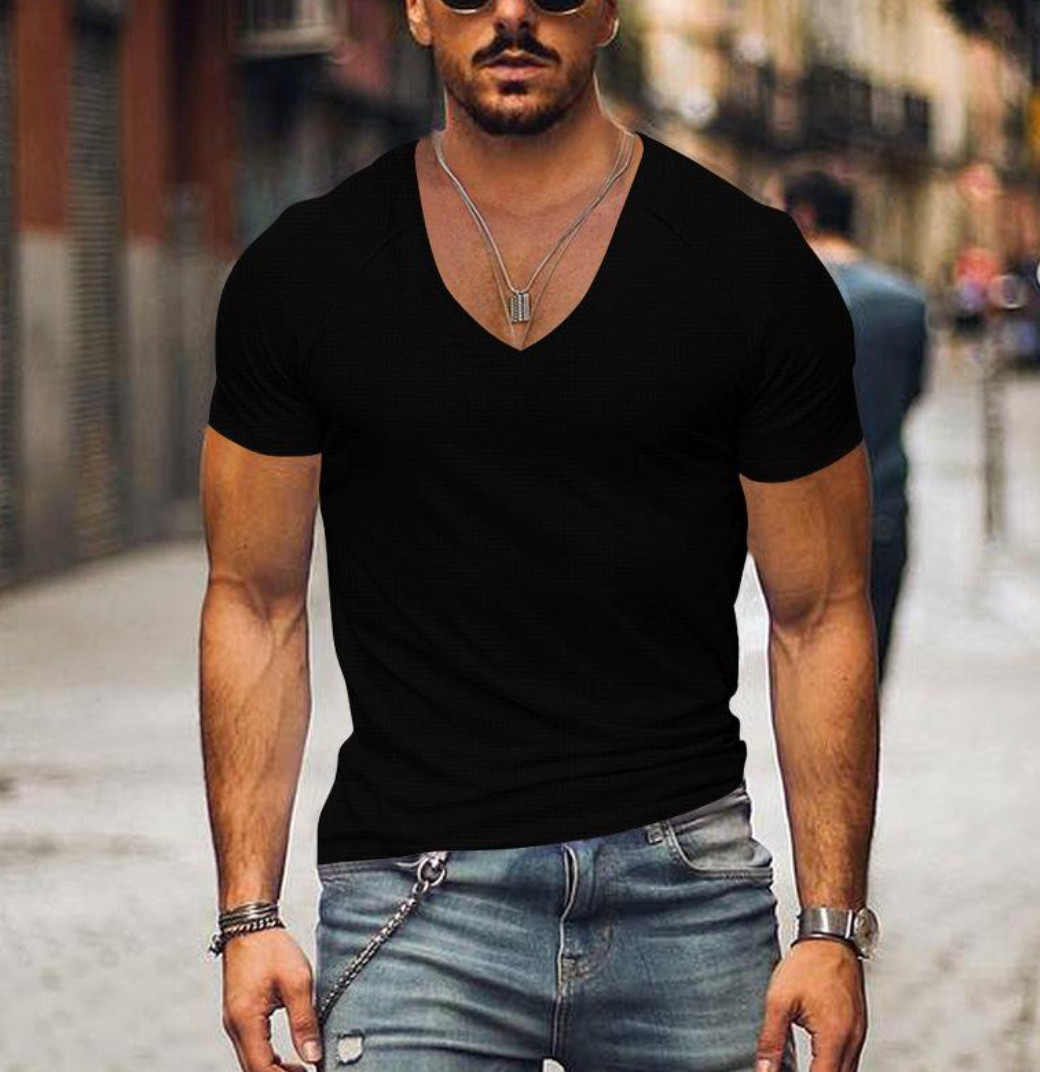 T-shirt Homme - Col V Profond - Coupe Slim - Manches Courtes - Confortable Casual