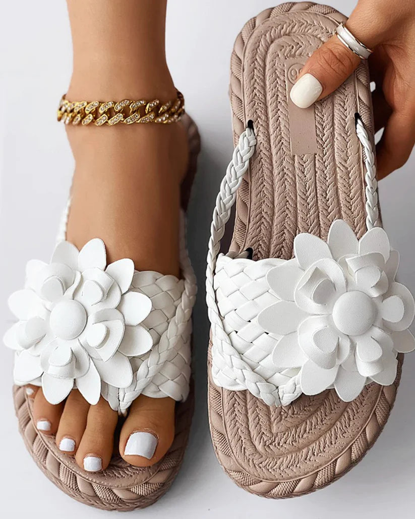 Sandales Femme - Bride Large Confortable - Détail Fleuri - Semelle Tressée Antidérapante