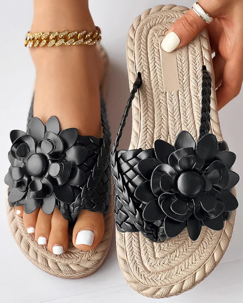 Sandales Femme - Bride Large Confortable - Détail Fleuri - Semelle Tressée Antidérapante