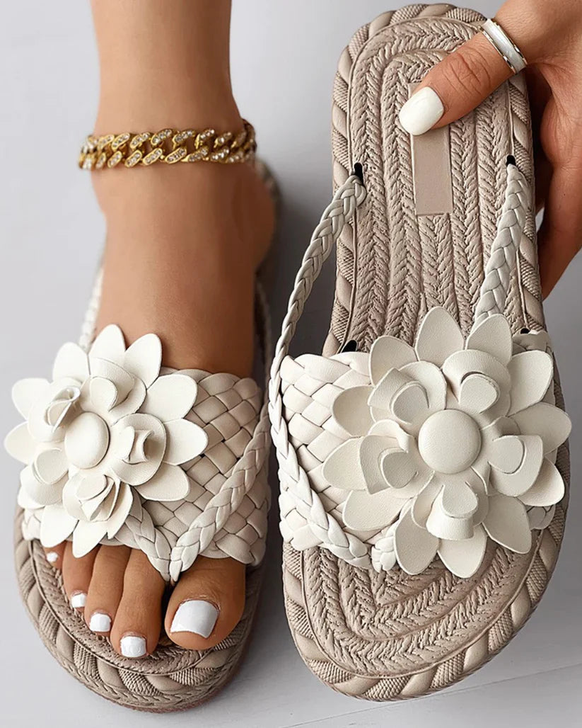 Sandales Femme - Bride Large Confortable - Détail Fleuri - Semelle Tressée Antidérapante