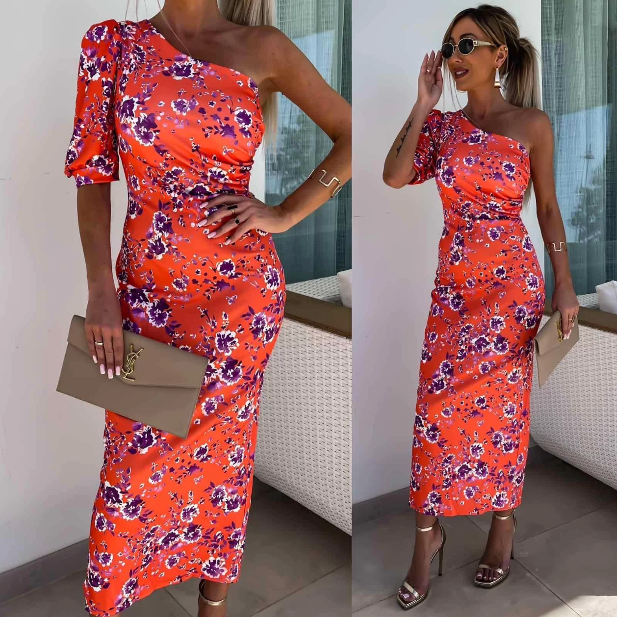 Robe Midi Femme – Épaule Dénudée – Manches Bouffantes – Coupe Ajustée – Imprimé Fleuri