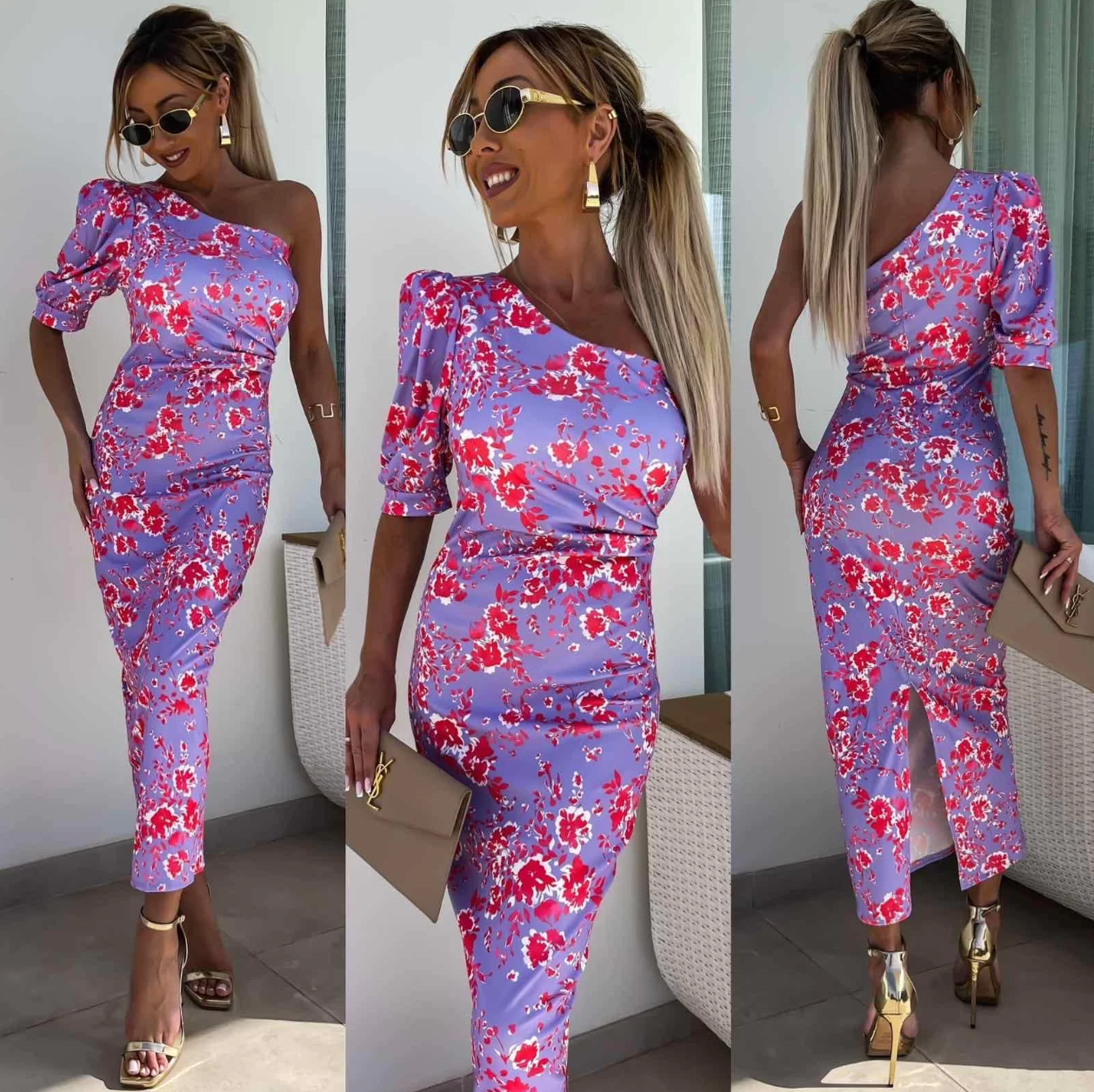 Robe Midi Femme – Épaule Dénudée – Manches Bouffantes – Coupe Ajustée – Imprimé Fleuri