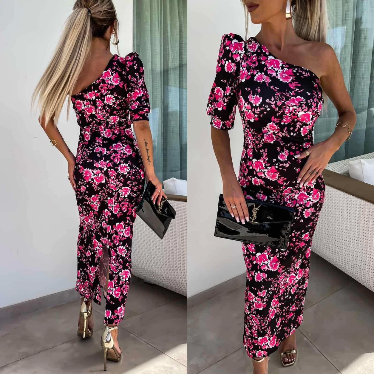 Robe Midi Femme – Épaule Dénudée – Manches Bouffantes – Coupe Ajustée – Imprimé Fleuri