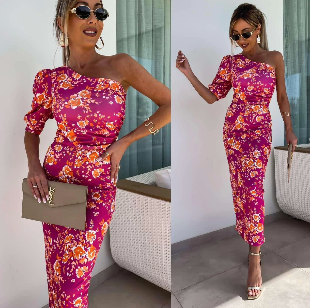 Robe Midi Femme – Épaule Dénudée – Manches Bouffantes – Coupe Ajustée – Imprimé Fleuri