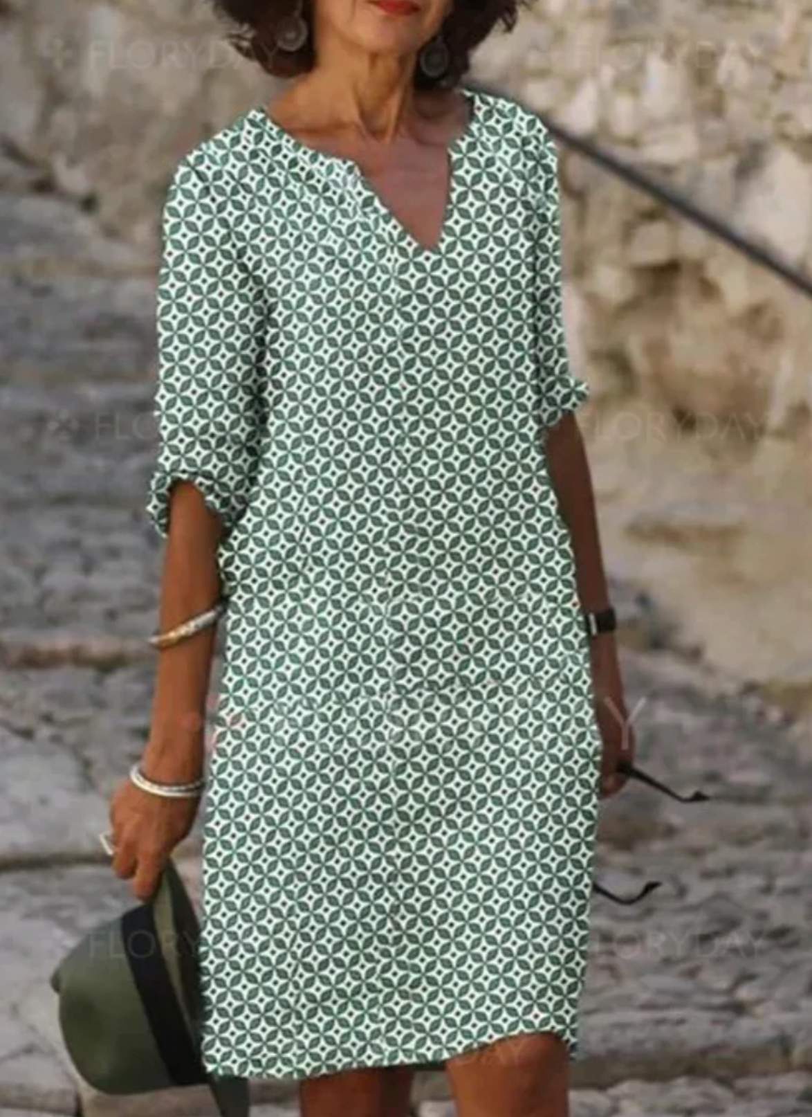 Oceane - Robe à Col en V à la Mode avec Motif Géométrique