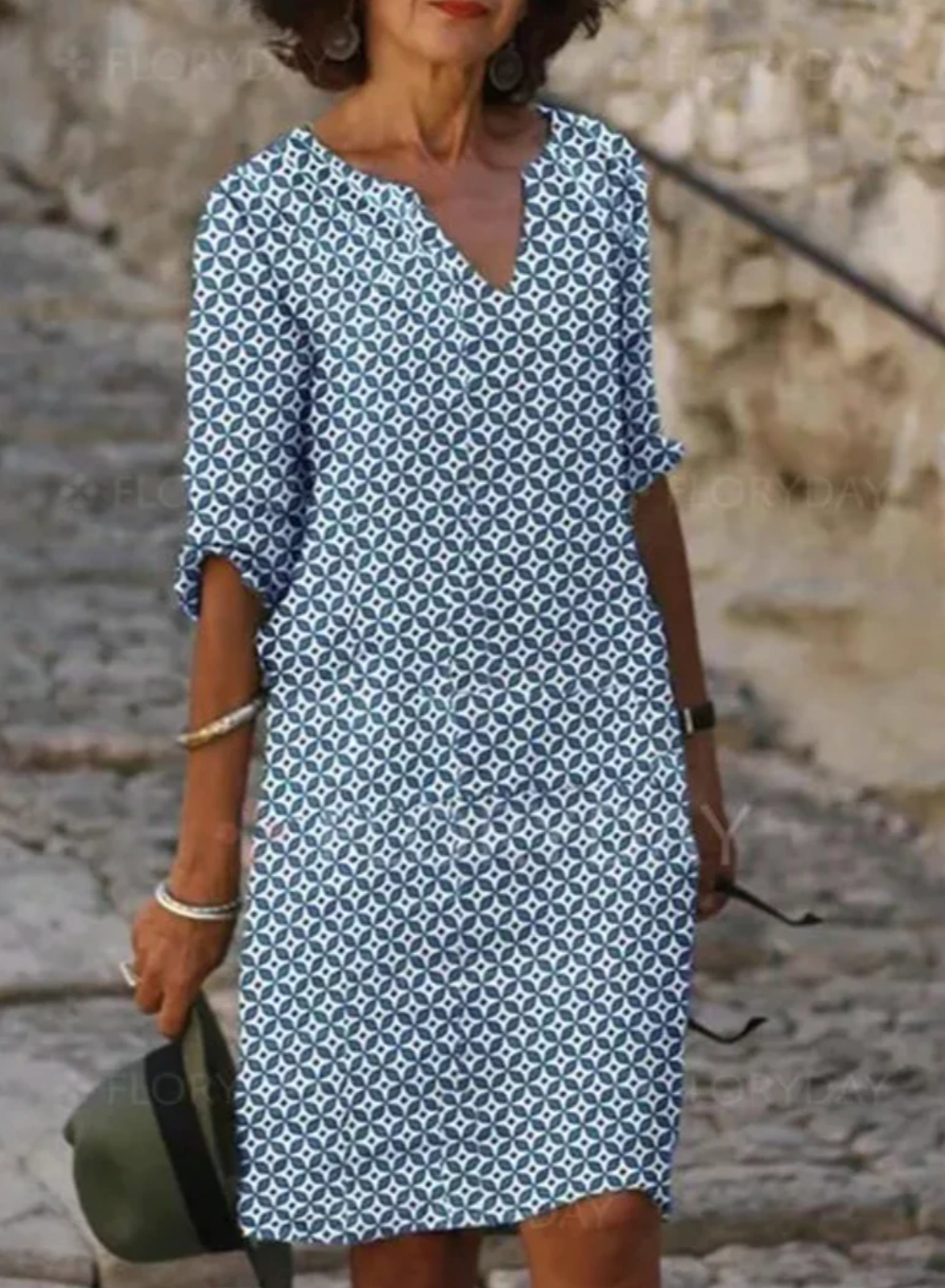 Oceane - Robe à Col en V à la Mode avec Motif Géométrique