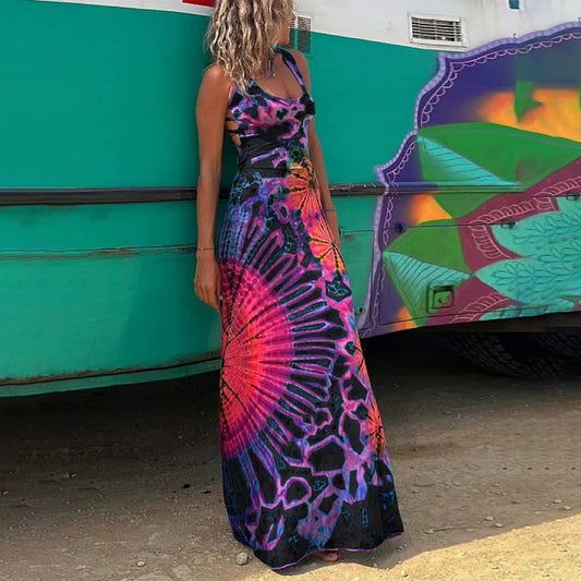 Robe Longue Femme – Sans Manches – Fluide et Légère – Motif Tie-Dye – Tenue Décontractée