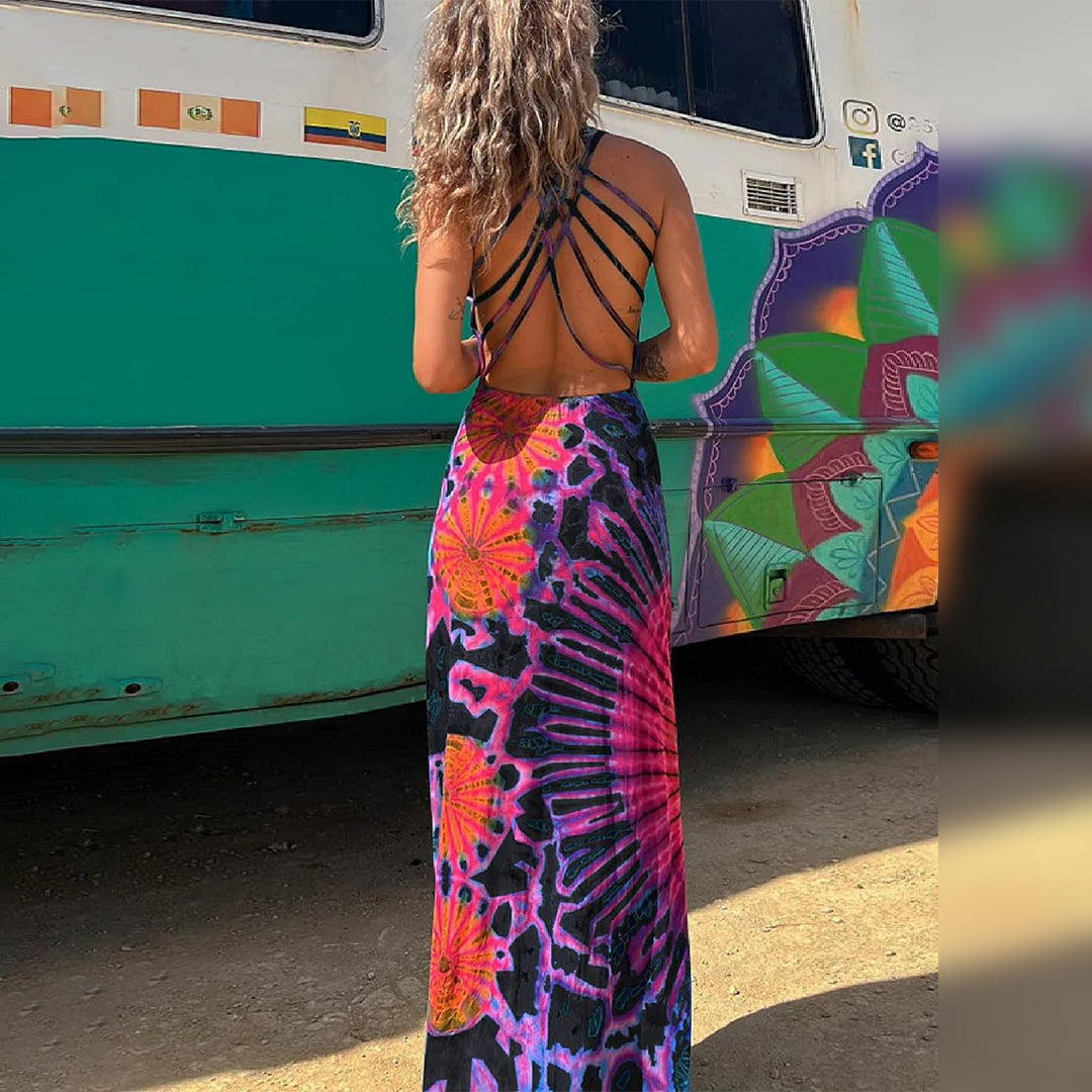Robe Longue Femme – Sans Manches – Fluide et Légère – Motif Tie-Dye – Tenue Décontractée