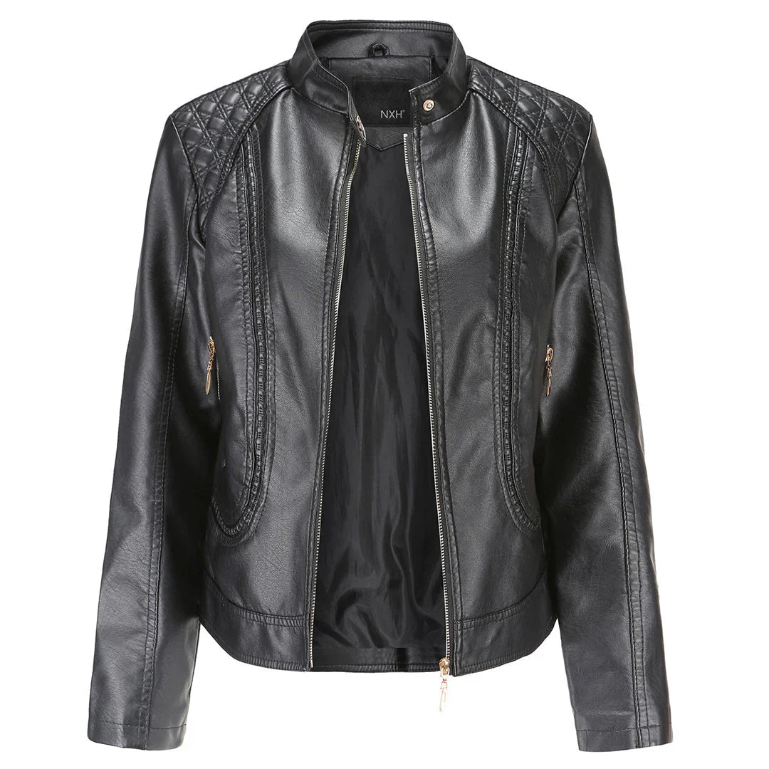 Veste en cuir femme – Coupe slim – Épaules matelassées – Col montant – Poches zippées