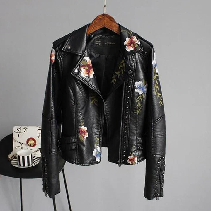 Veste motard femme – Coupe ajustée – Similicuir léger – Broderie florale – Clous