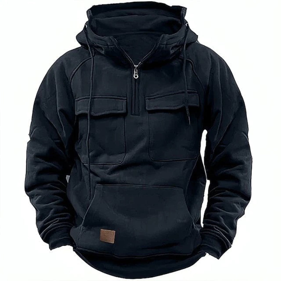 Sweat à capuche homme – Coupe décontractée – Coton – Demi-zip – Poches à rabat