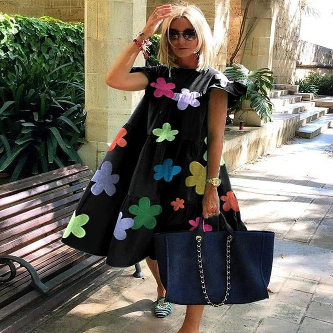 Robe Midi Femme - Coupe Évasée Confortable - Manches Courtes - Col Rond Élégant