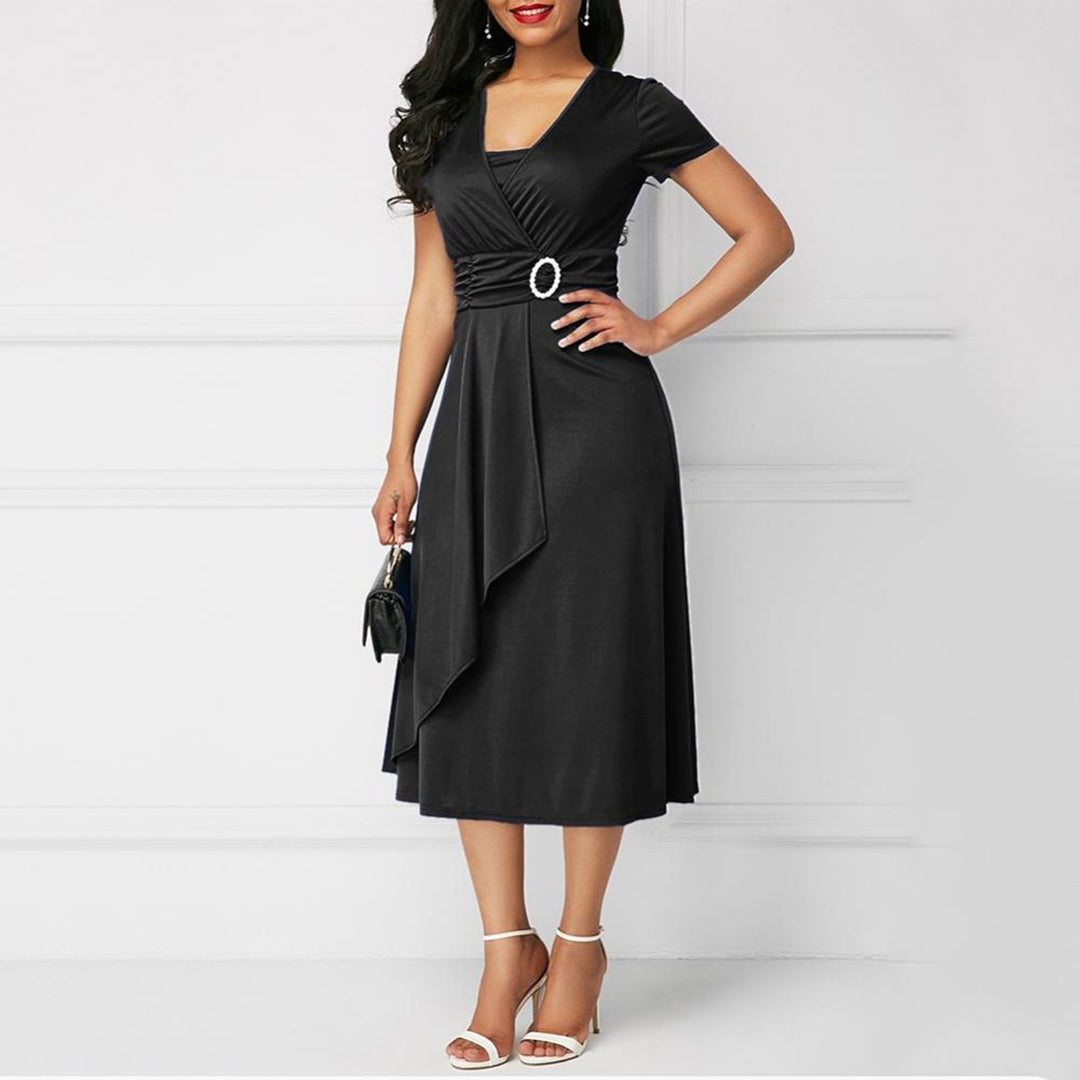 Robe Midi Femme - Coupe Portefeuille - Manches Courtes - Décolleté V - Ourlet Asymétrique