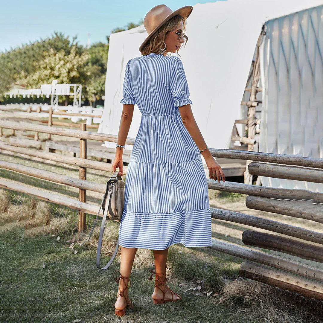 Robe Midi Femme - Col V Boutonné - Manches Bouffantes - Coupe Ample Bohème