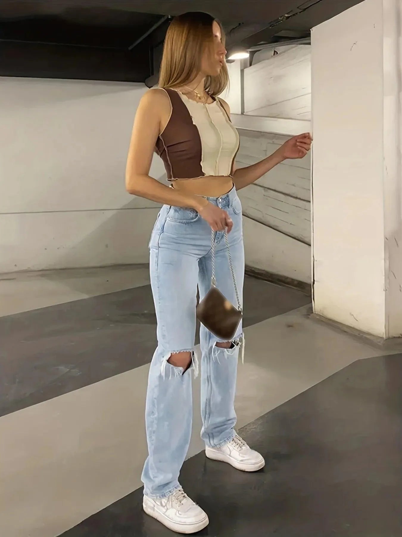 Top Court Sans Manches Femme - Ajusté - Style Patchwork - Bords Bruts Tendance