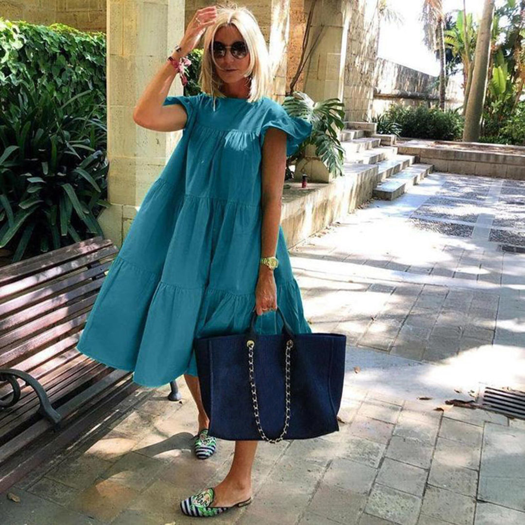 Robe Midi Femme - Coupe Évasée Confortable - Manches Courtes - Col Rond Élégant