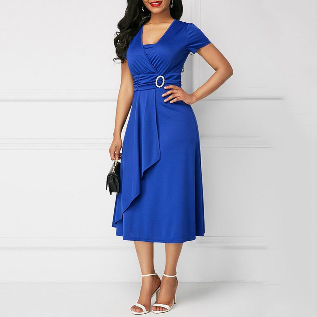 Robe Midi Femme - Coupe Portefeuille - Manches Courtes - Décolleté V - Ourlet Asymétrique