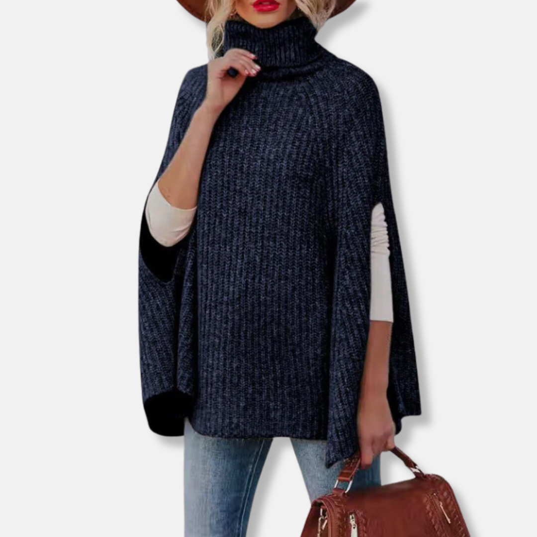 Pull cape femme – Coupe ample – Col montant – Maille côtelée – Mélange laine