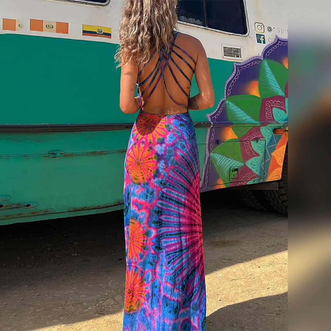 Robe Longue Femme – Sans Manches – Fluide et Légère – Motif Tie-Dye – Tenue Décontractée