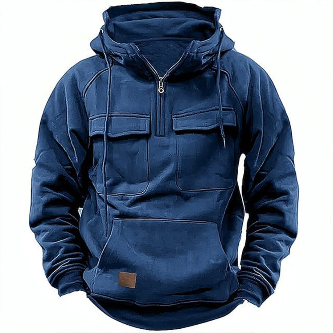 Sweat à capuche homme – Coupe décontractée – Coton – Demi-zip – Poches à rabat