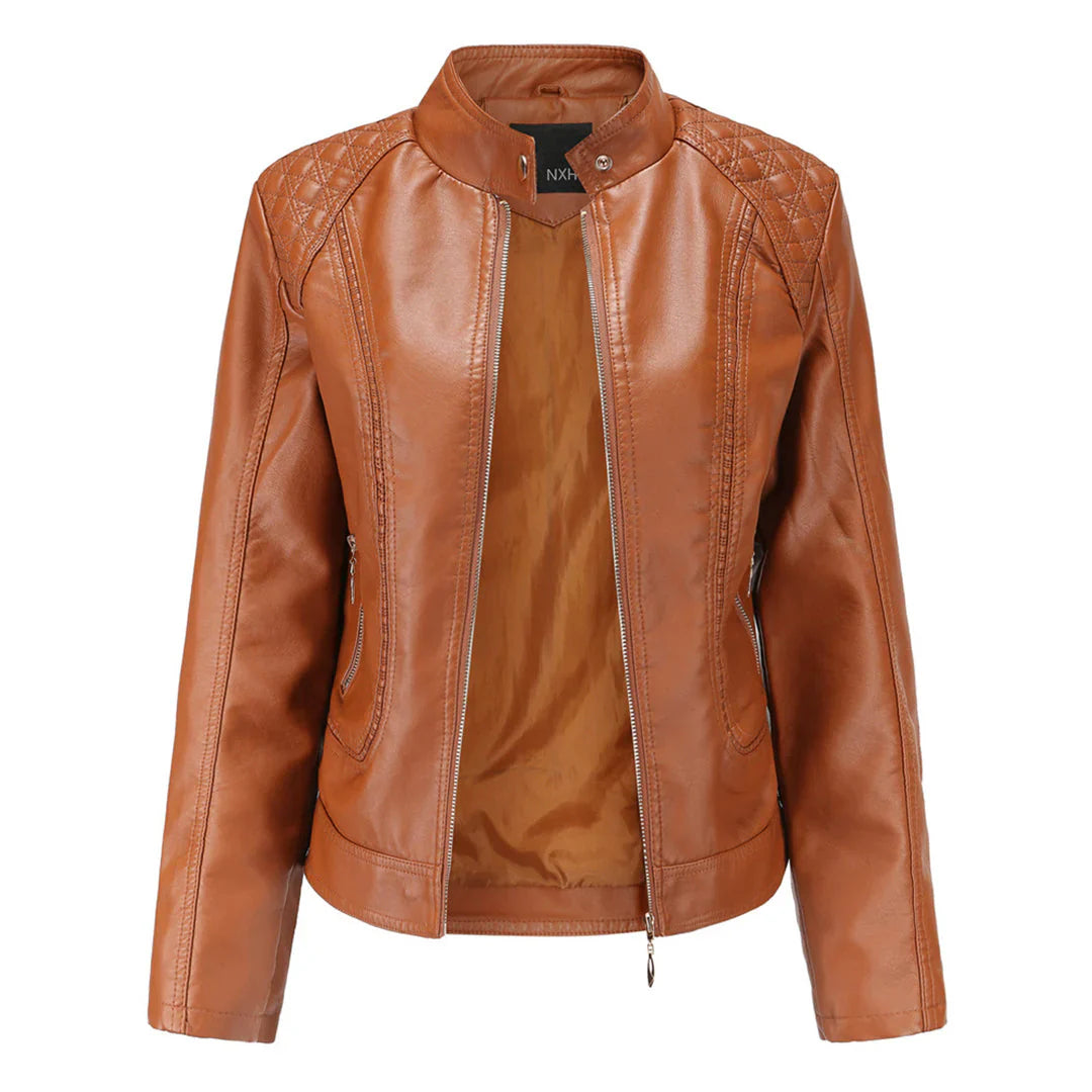 Veste en cuir femme – Coupe slim – Épaules matelassées – Col montant – Poches zippées