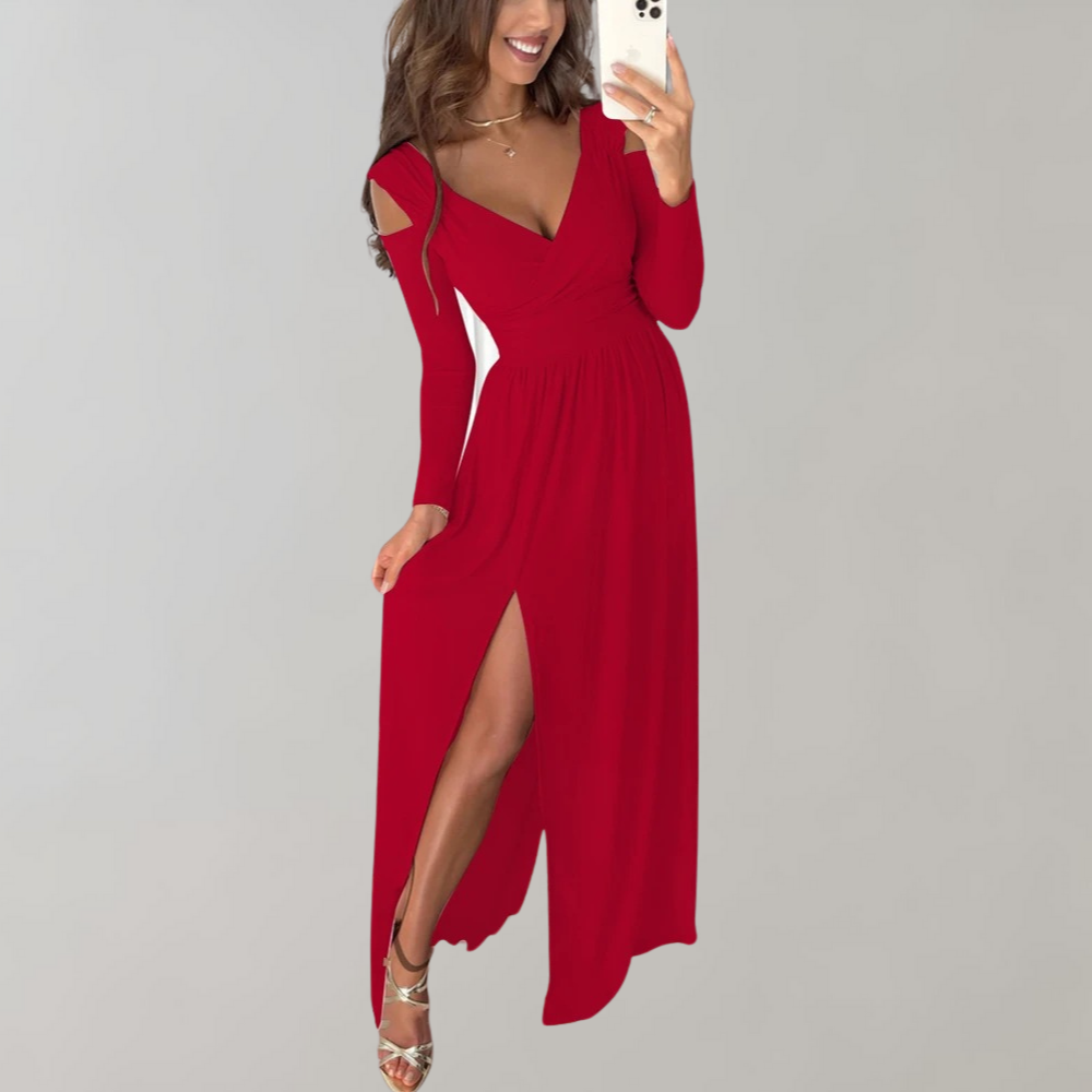 Robe Longue Femme – Fendue Élégante – Manches Longues Épaules Dénudées – Décolleté V