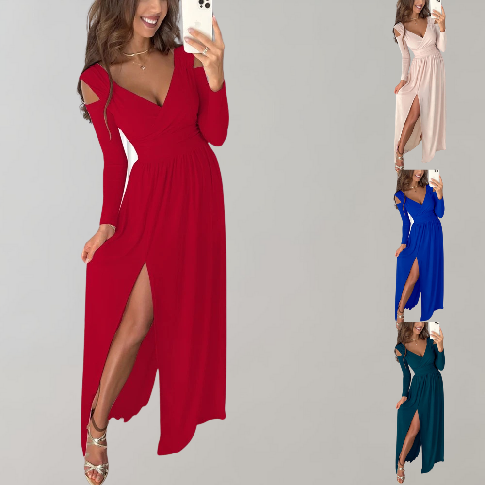 Robe Longue Femme – Fendue Élégante – Manches Longues Épaules Dénudées – Décolleté V