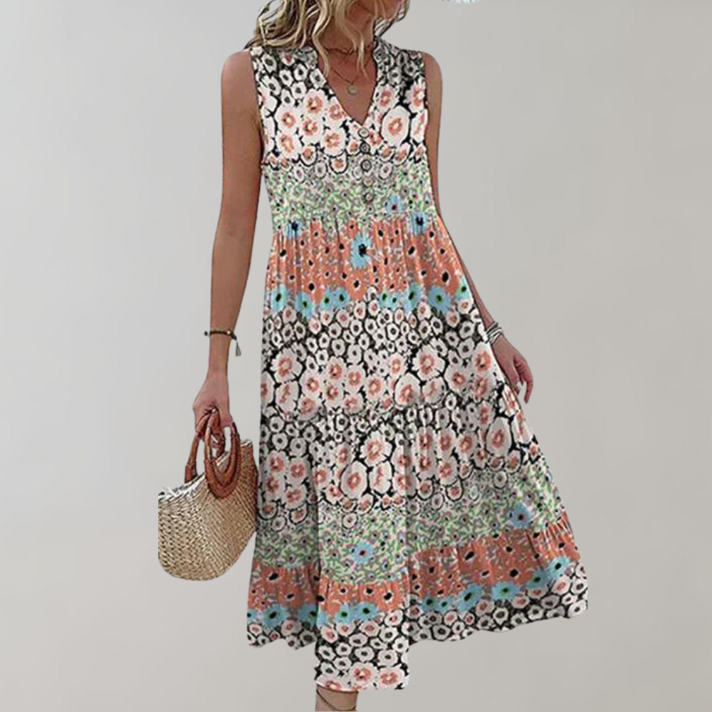 Robe Longue Femme - Sans Manches - Col V - Fluide et Boho - Motif Fleuri