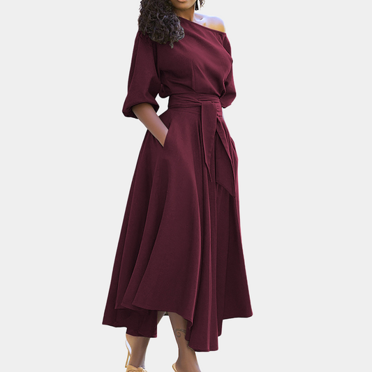 Robe Longue Femme - Épaules Dénudées - Ceinture Taille - Manches 3/4 - Élégante et Fluide