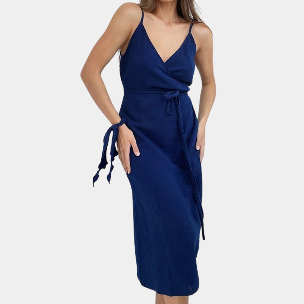Robe Portefeuille Femme - Décolleté V - Bretelles Fines - Ceinture Ajustable - Élégante et Fluide