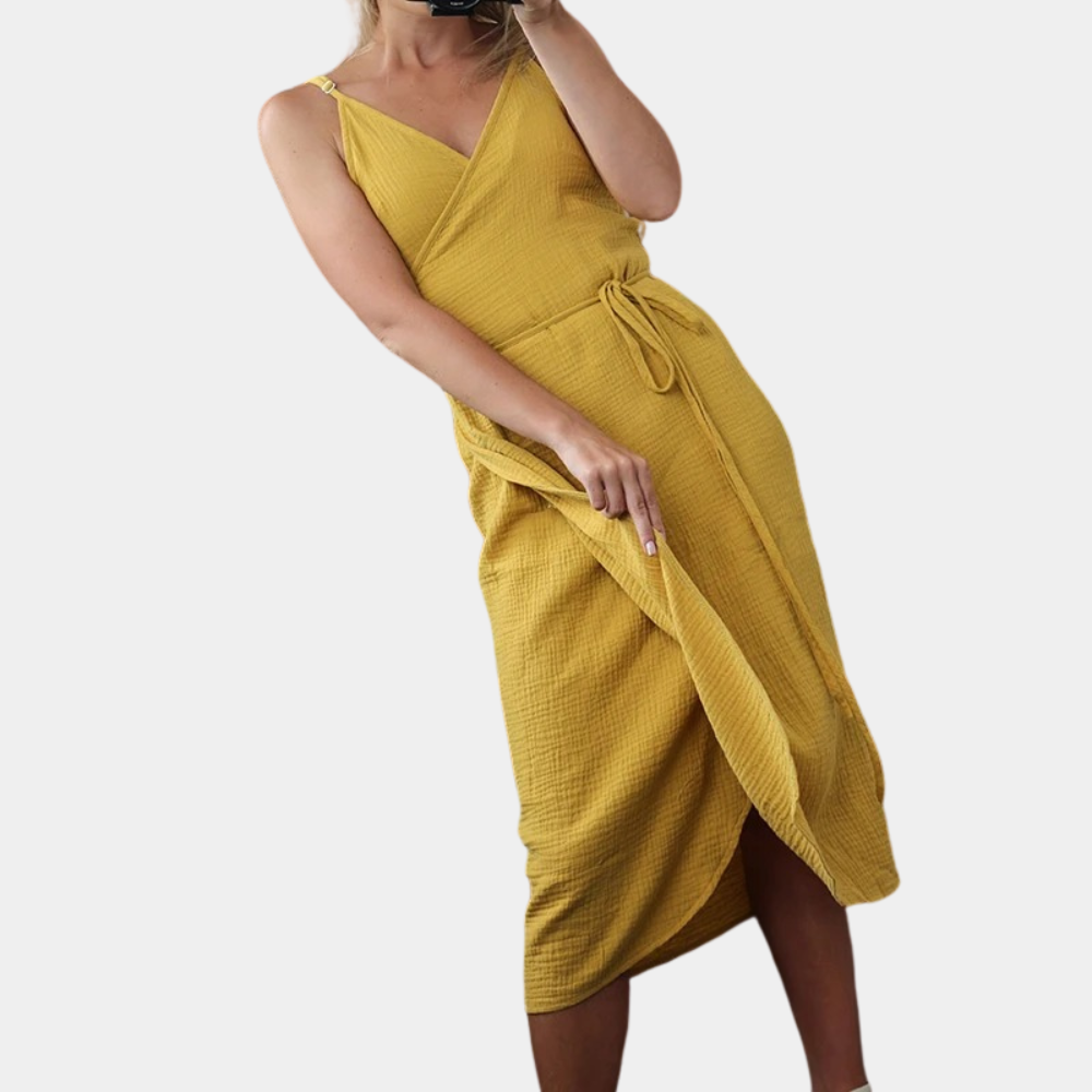 Robe Portefeuille Femme - Décolleté V - Bretelles Fines - Ceinture Ajustable - Élégante et Fluide