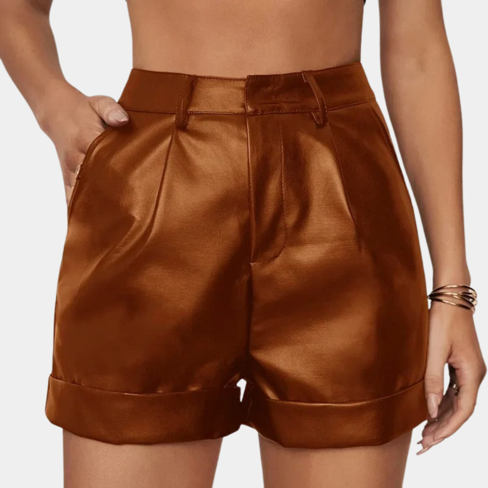Short femme - Taille haute - Similicuir élégant - Coupe ajustée - Ourlet retroussé