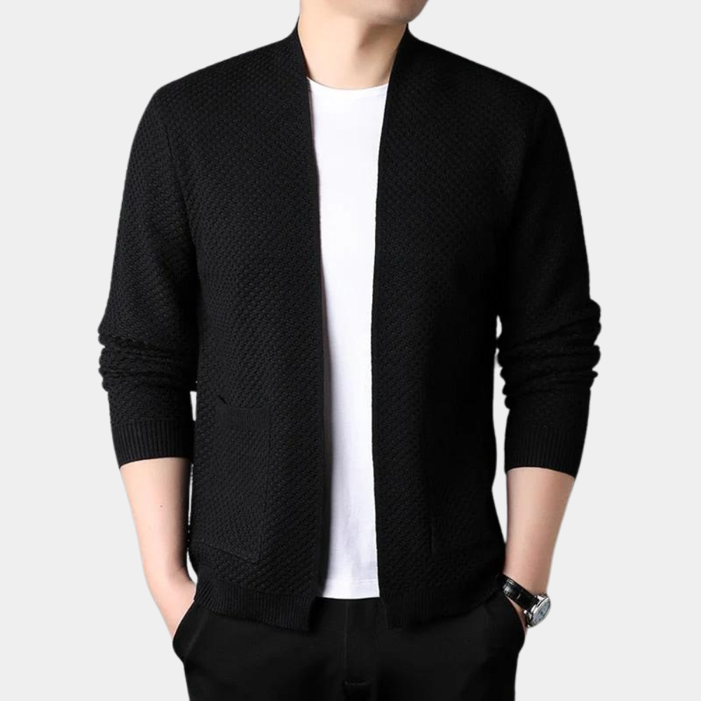 Blazer homme – Coupe slim – Maille texturée – Ouverture sans boutons – Finitions côtelées