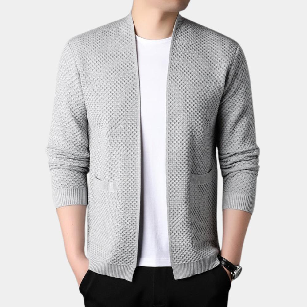 Blazer homme – Coupe slim – Maille texturée – Ouverture sans boutons – Finitions côtelées