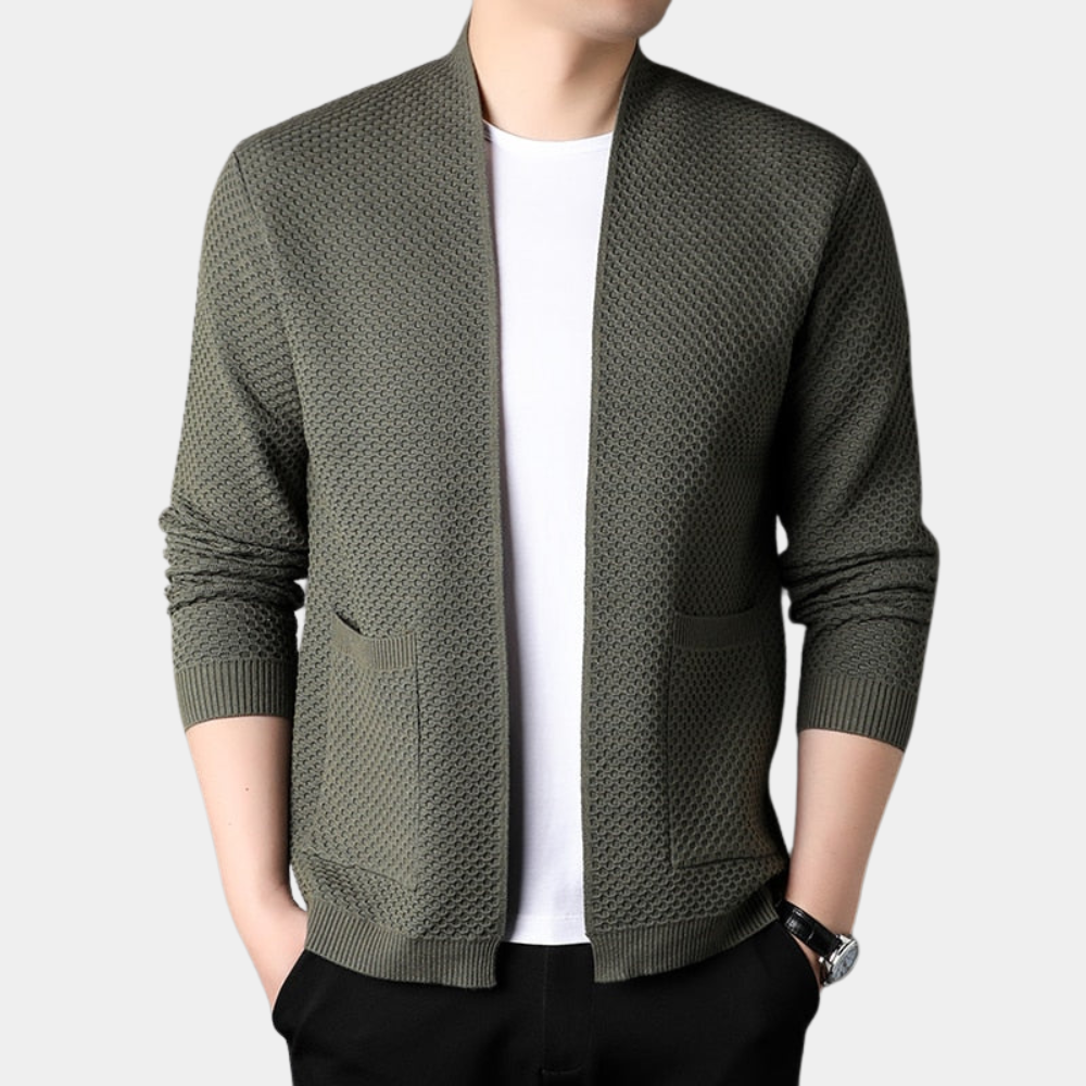 Blazer homme – Coupe slim – Maille texturée – Ouverture sans boutons – Finitions côtelées