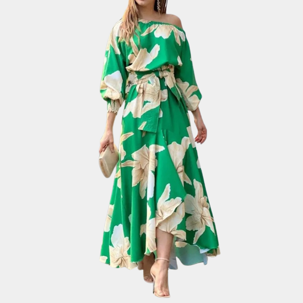 Robe Longue Femme - Épaules Dénudées - Manches 3/4 Bouffantes - Taille Ceinturée - Imprimé Fleuri