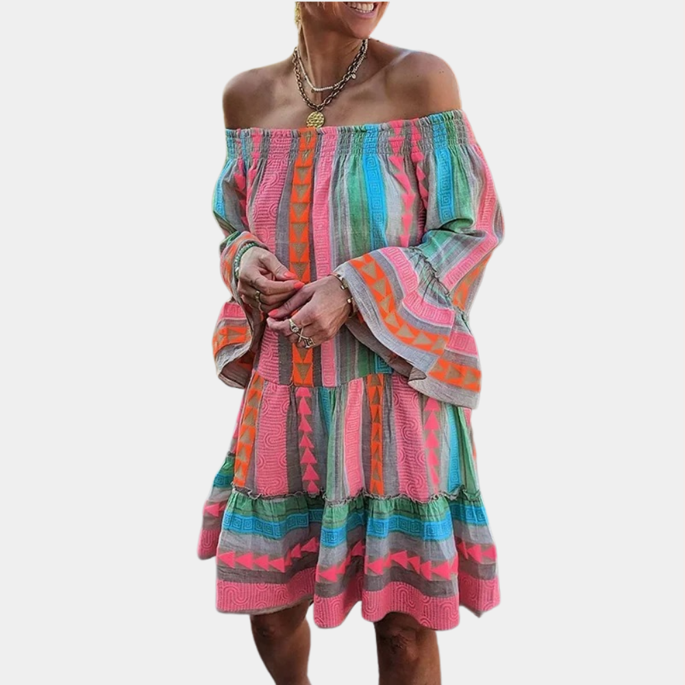 Robe Femme - Épaules Dénudées - Manches Longues Évasées - Coupe Fluide Bohème