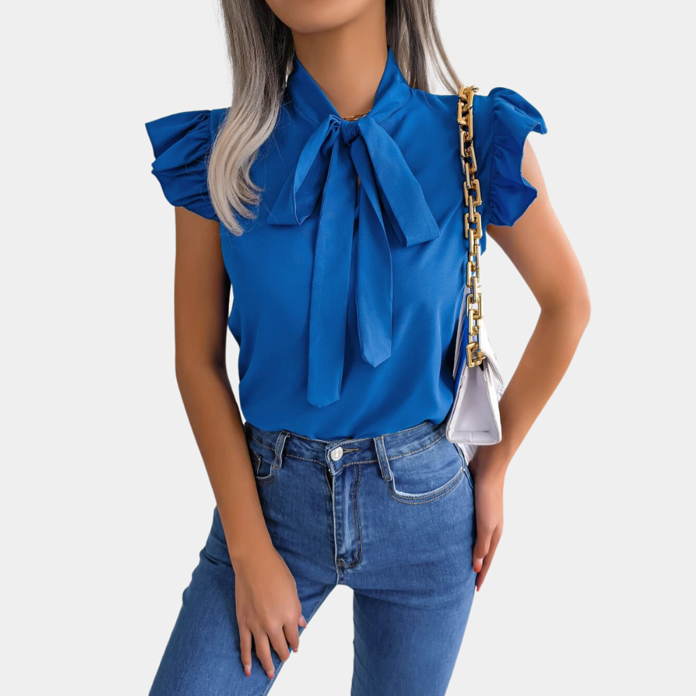 Blouse Sans Manches Femme - Col Haut à Nœud - Volants Épaules - Coupe Ajustée