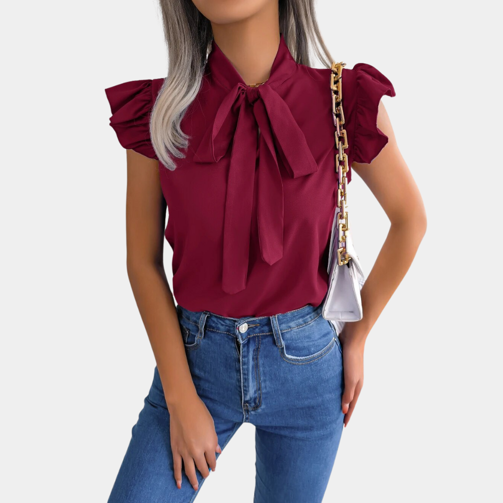 Blouse Sans Manches Femme - Col Haut à Nœud - Volants Épaules - Coupe Ajustée