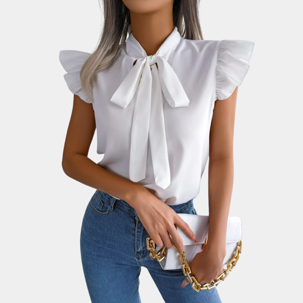Blouse Sans Manches Femme - Col Haut à Nœud - Volants Épaules - Coupe Ajustée