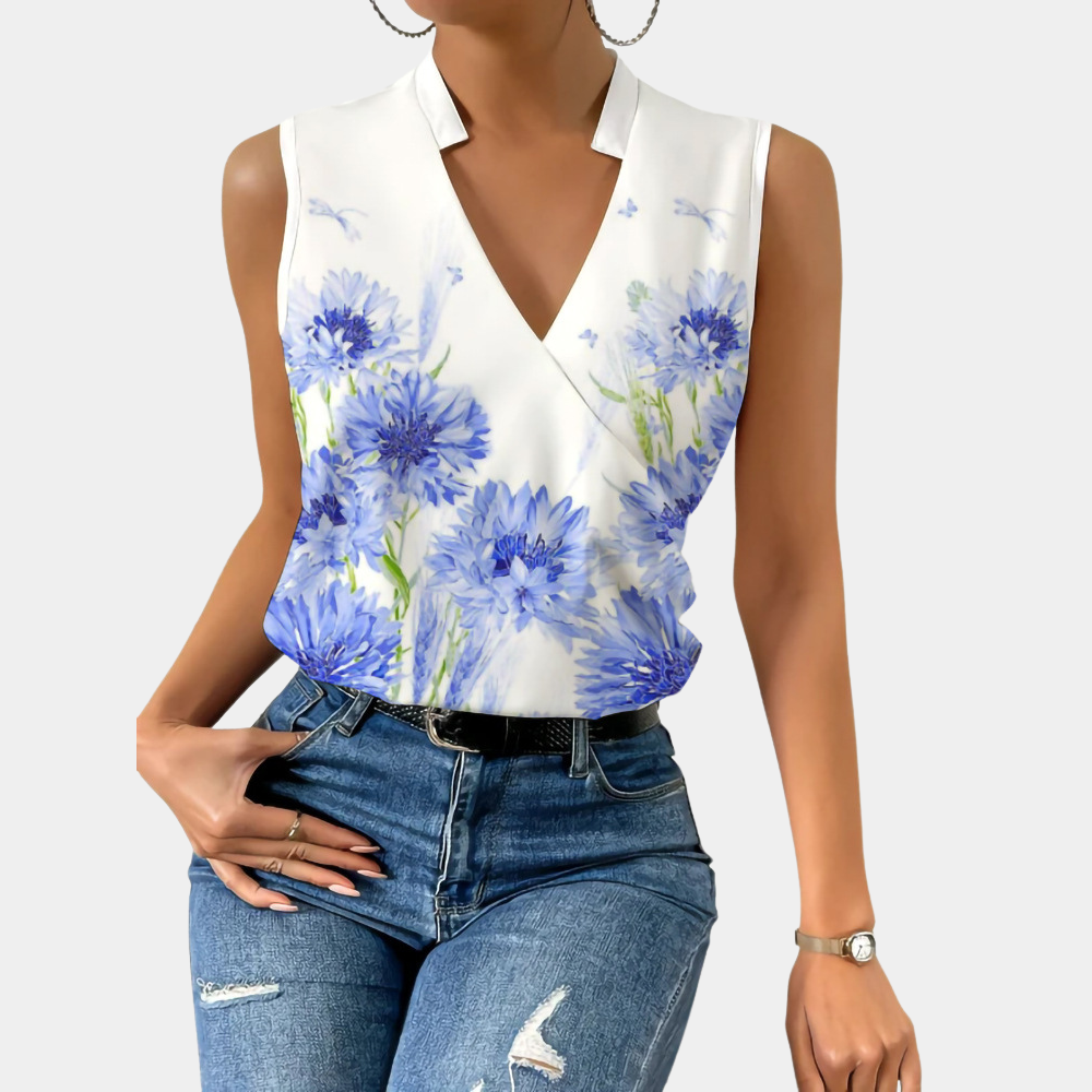 Blouse Sans Manches Femme - Col V Cache-Cœur - Tissu Léger - Imprimé Floral Élégant