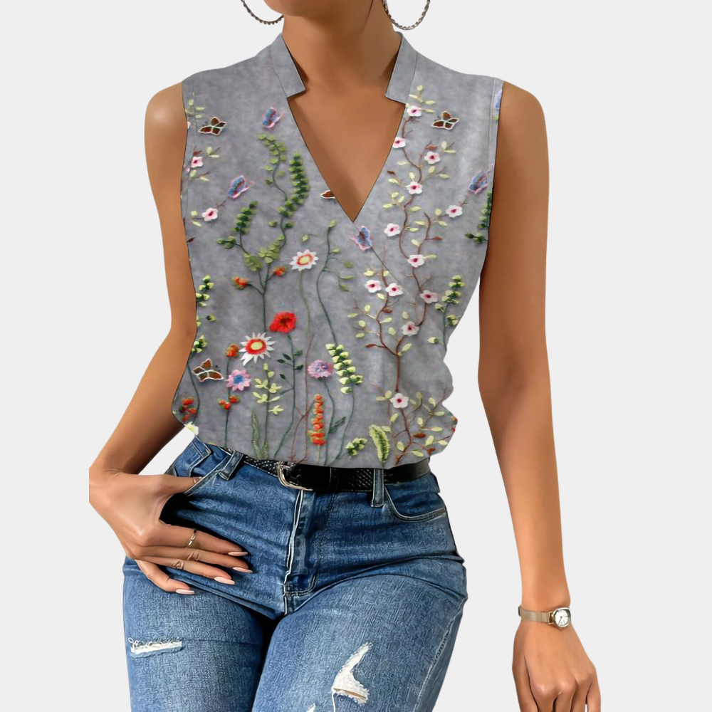 Blouse Sans Manches Femme - Col V Cache-Cœur - Tissu Léger - Imprimé Floral Élégant
