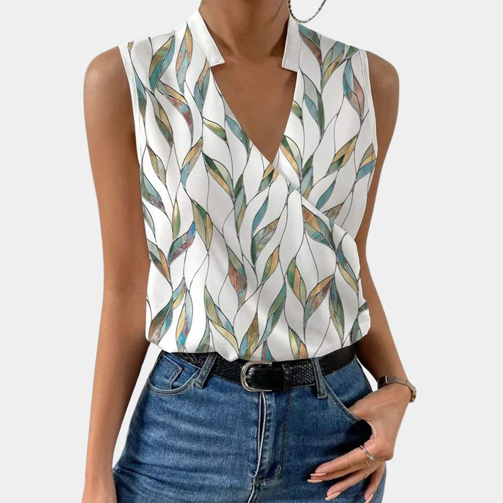 Blouse Sans Manches Femme - Col V Cache-Cœur - Tissu Léger - Imprimé Floral Élégant