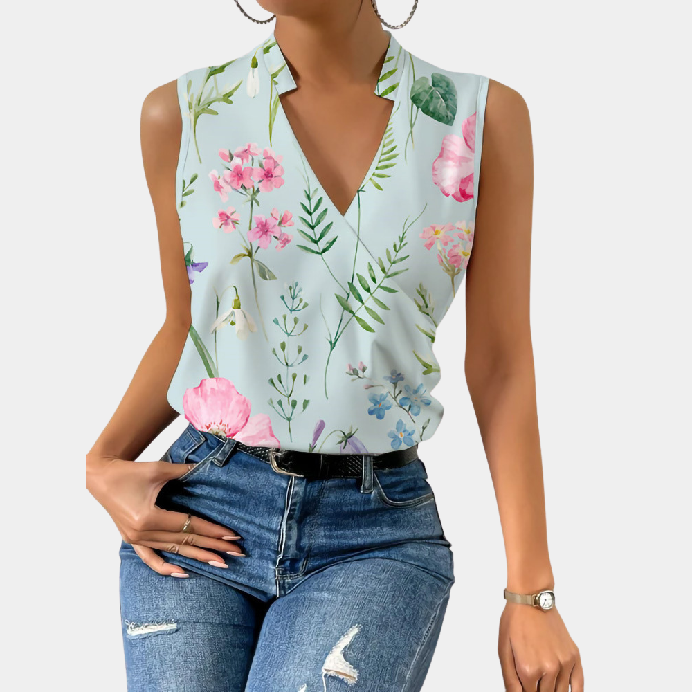 Blouse Sans Manches Femme - Col V Cache-Cœur - Tissu Léger - Imprimé Floral Élégant