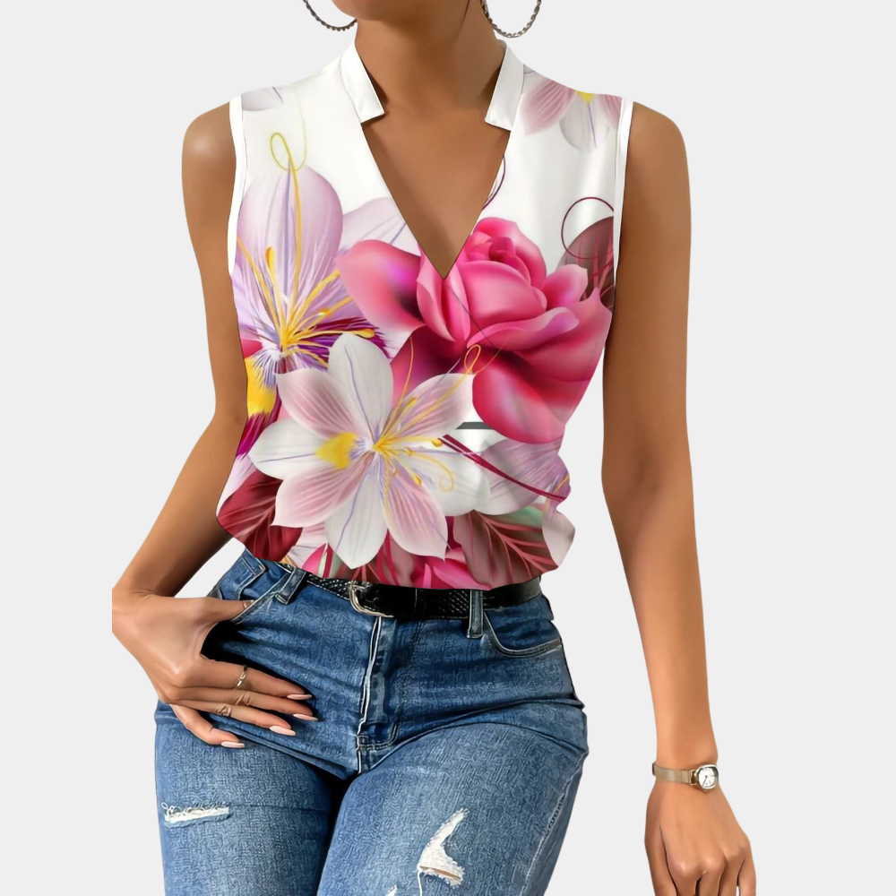 Blouse Sans Manches Femme - Col V Cache-Cœur - Tissu Léger - Imprimé Floral Élégant