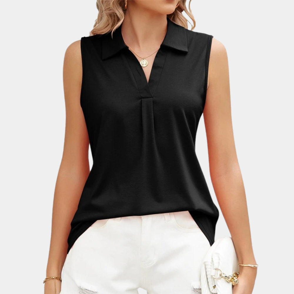 Blouse Sans Manches Femme - Col V Classique - Détail Plissé Élégant - Tissu Fluide