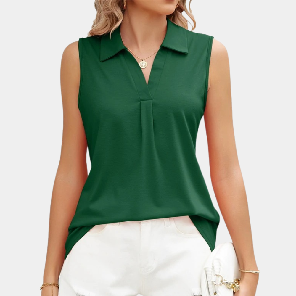 Blouse Sans Manches Femme - Col V Classique - Détail Plissé Élégant - Tissu Fluide