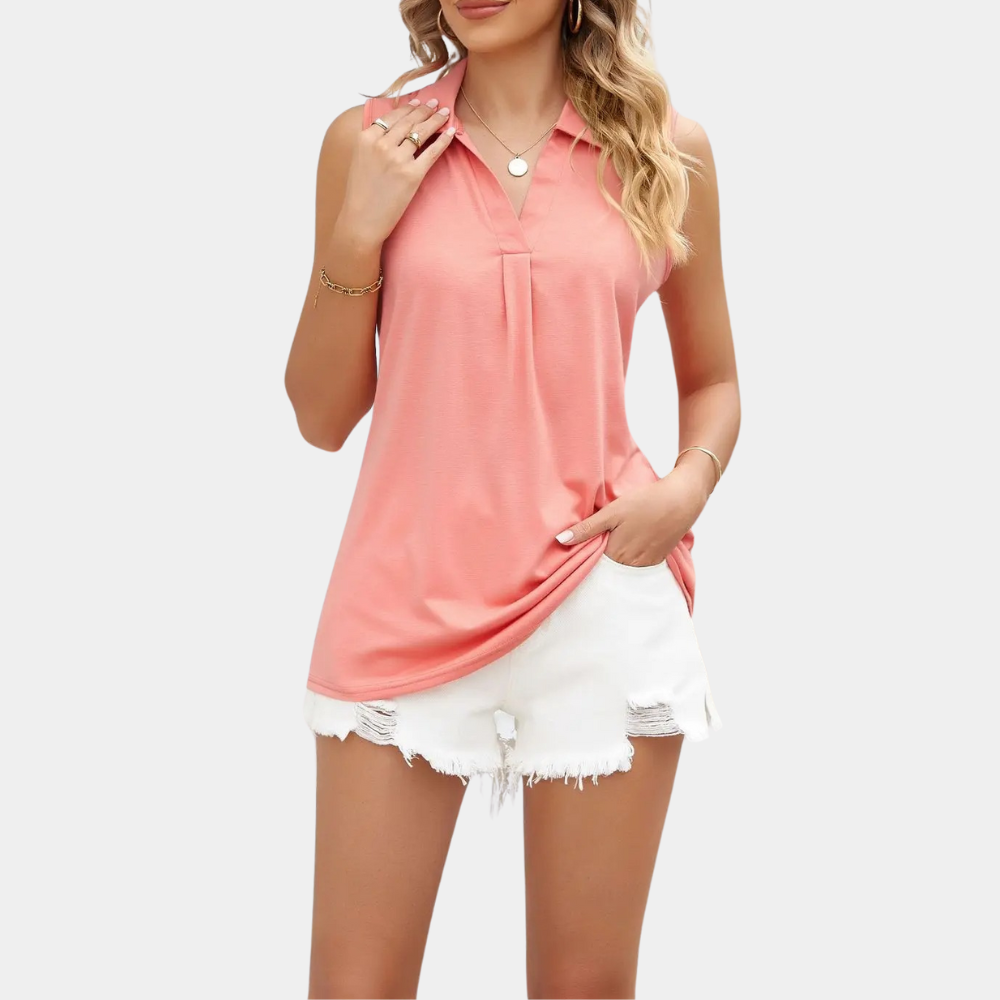 Blouse Sans Manches Femme - Col V Classique - Détail Plissé Élégant - Tissu Fluide